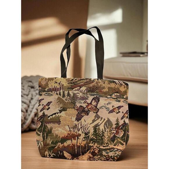 Vintage Tapestry Tote Bag Nature Bird Ducks Pheasant Wildlife Zip Top - Picture 1 of 8